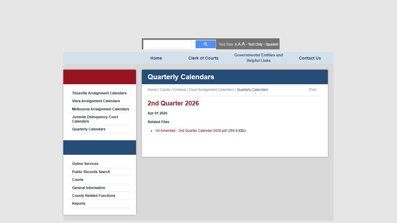 2nd Quarter 2026 - Quarterly Calendars - Court Arraignment Calendars - Brevard County, Florida - Clerk of the Court